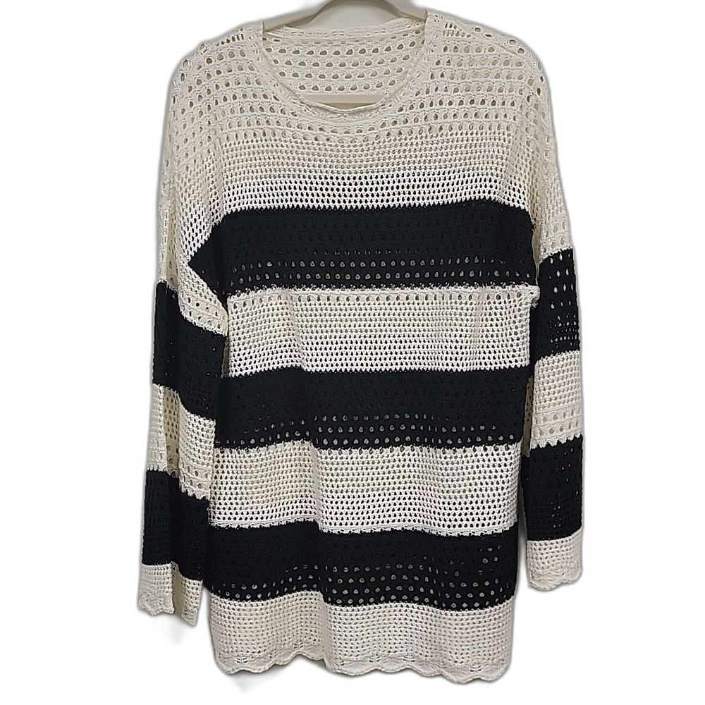 PrettyGarden Black White Nautical Stripe Crew Neck Sweater Size S Coastal